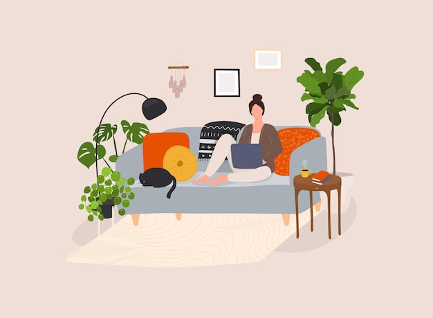 Thuis werken coworking ruimte concept illustratie schattig meisje zittend op een comfortabele bank