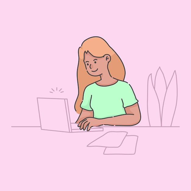thuis werken meisje met behulp van laptop illustratie