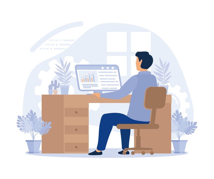 Vector thuis werken werken aan het bureau werken in de woonkamer werken bij het raam platte moderne vectorillustratie
