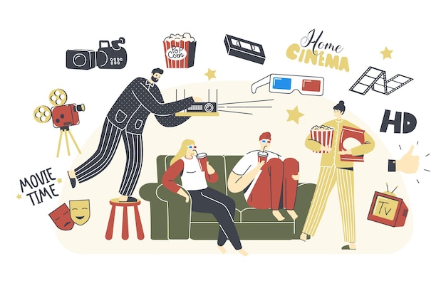 Thuisbioscoopconcept. Mensen die tv kijken met frisdrank en popcorn, mannelijke en vrouwelijke personages die samen op de bank zitten in een luie weekendavond. Vrije tijd, vrije tijd, vrije dag. Lineaire vectorillustratie