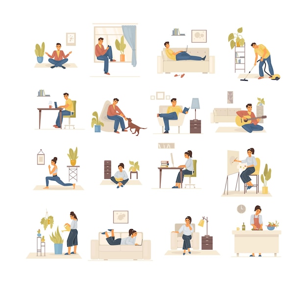 Thuisblijven op quarantaine, mensen die thuis zitten, yoga-meditatie beoefenen, boeken lezen