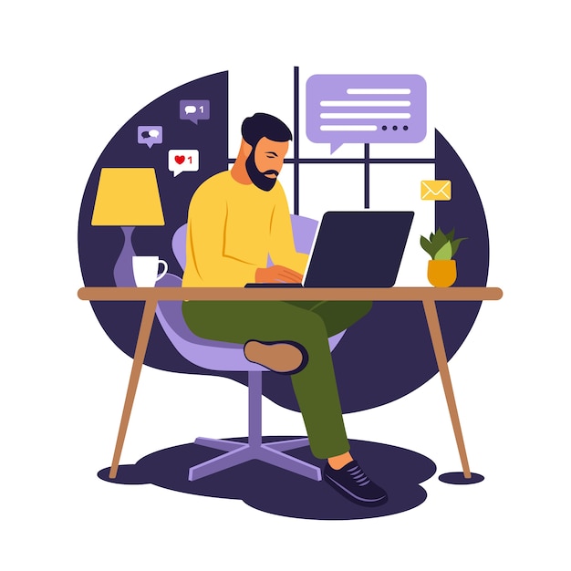 Thuiskantoorconcept, man aan het werk vanuit huis. Student of freelancer. Freelance of studeren concept. illustratie. Vlakke stijl.