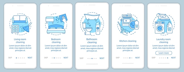 Thuisreiniging onboarding mobiele app paginascherm, lineaire concepten. Vijf walkthrough stappen grafische instructies. Woonkamer, slaapkamer, badkamer opruimen. UX, UI, GUI vectorsjabloon met illustraties