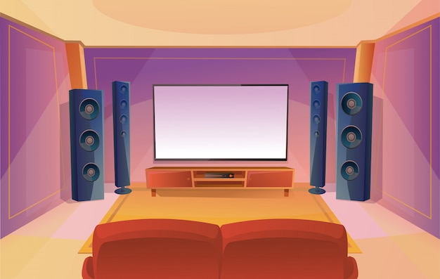 Vector thuistheater in cartoon-stijl met grote tv