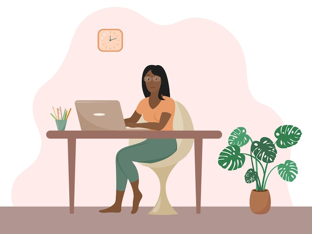 Thuiswerken. Afro-Amerikaanse vrouw die op afstand met laptop werkt of studeert. Thuiskantoor concept