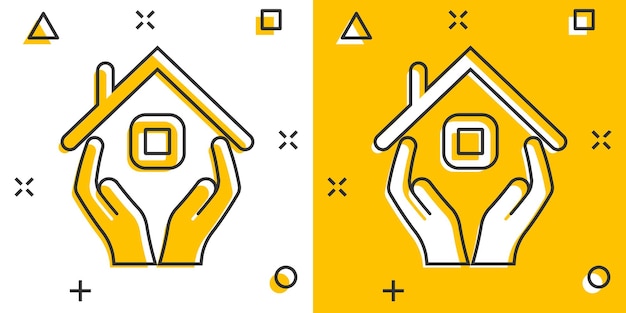 Thuiszorg pictogram in komische stijl Hand houden huis cartoon vectorillustratie op witte geïsoleerde achtergrond gebouw kwaliteit bedrijfsconcept splash effect