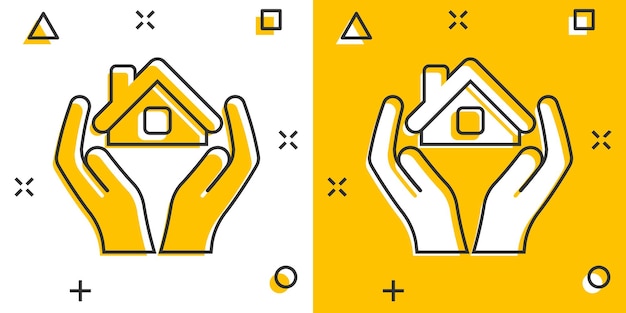 Thuiszorg pictogram in komische stijl Hand houden huis cartoon vectorillustratie op witte geïsoleerde achtergrond gebouw kwaliteit bedrijfsconcept splash effect