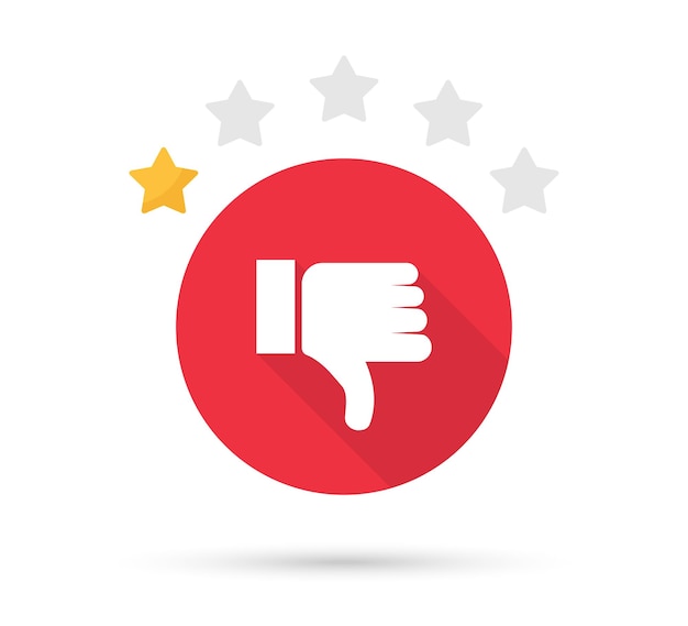 Thumb down icon with shadow. Star rating customer satisfaction