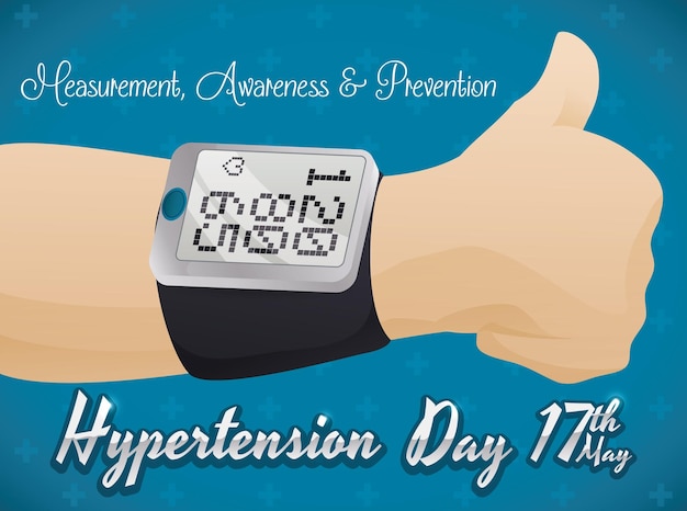 Thumb up for good measurement of blood pressure in digital sphygmomanometer in Hypertension Day