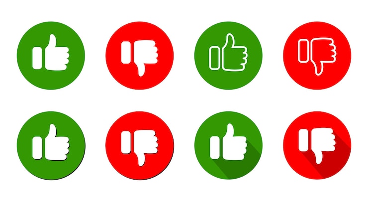 Vector thumb up and thumb down like and dislike buttons red and green rounds do's and don'ts icons