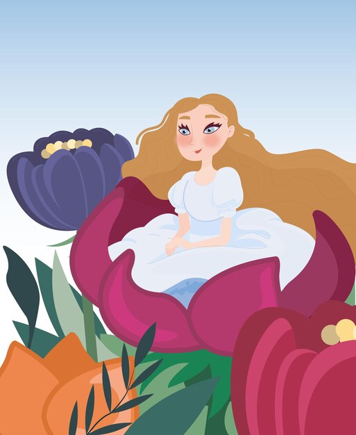 Vector thumbelina in a blue dress is sitting in a flower