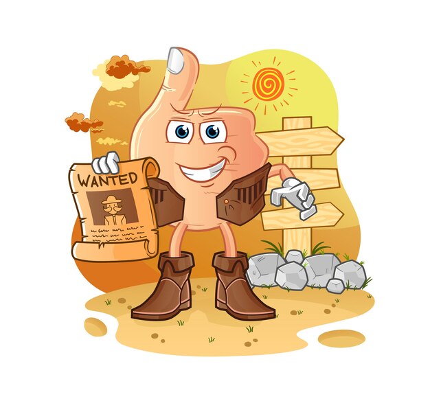 Thumbs up cowboy with wanted paper. cartoon mascot vector