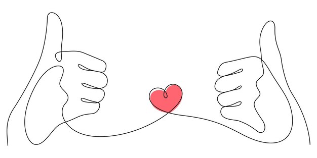 Thumbs up in one line drawing love gesture and heart minimalism concept