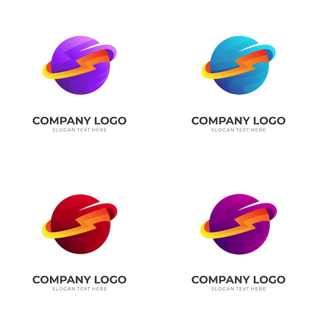 Thunder and planet logo design template with 3d colorful style