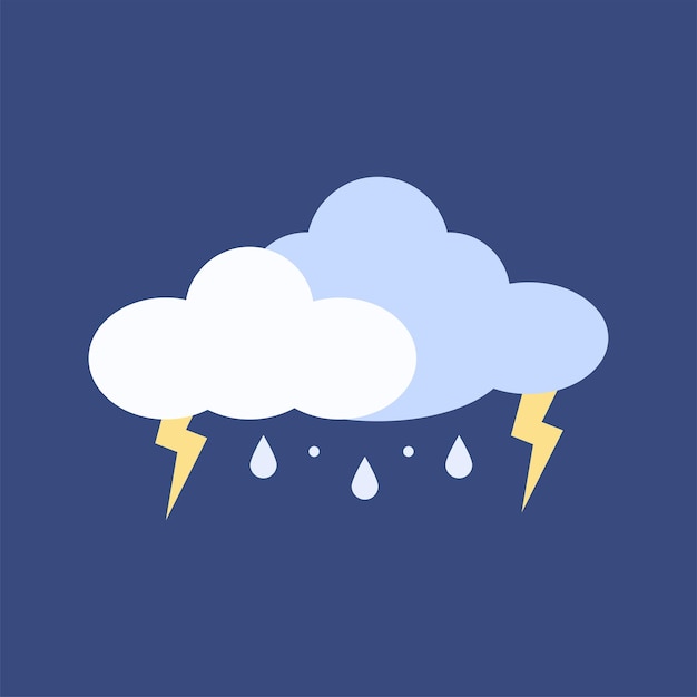 雷と雨と雲のアイコン。青の背景に Web の天気ラベル。漫画のベクトル イラスト