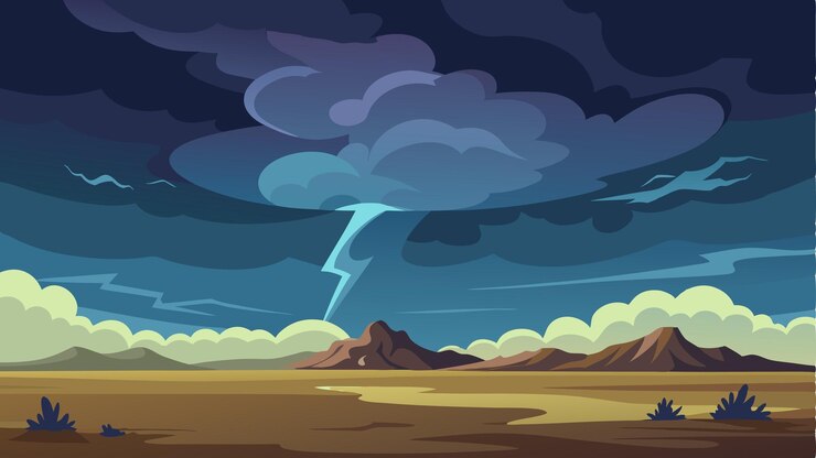 Vector 地平線に降りてくる雷雨は 広大な平原の上に暗い雲を投げかけ 雨を加える