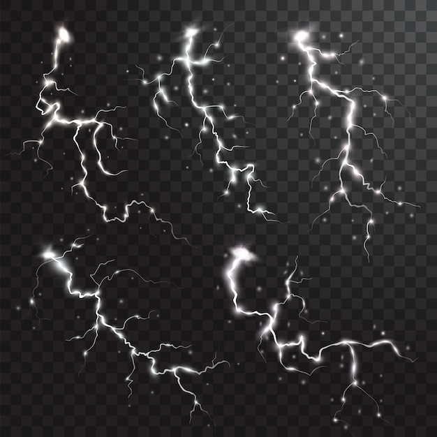 Gli elementi realistici di temporale con i lampi colorati dei lampi scintilla sulla metà fondo trasparente nero isolato