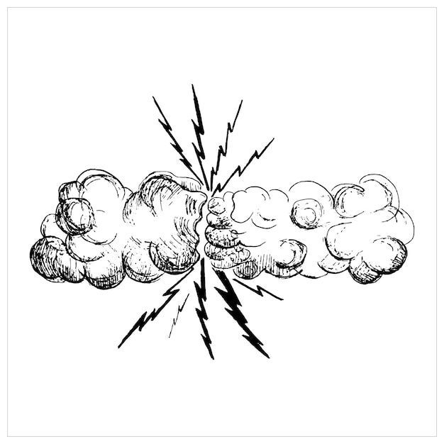 뇌우 벡터, 벡터 스케치 그림 두 개의 구름, 두 손, 뇌우, 만화 천둥 뇌우, 디자인을 위한 배경에 흑백 손으로 그린 벡터 드로잉.