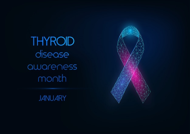 Thyroid disease awareness month web banner with glowing low polygonal pink and blue ribbon bow.