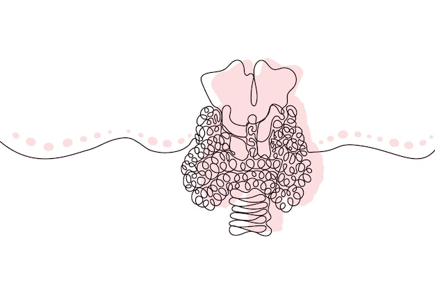 甲状腺 手描きアイコン 連続線画とピンク フラット シルエット 人間の臓器 医学 トレンディなコンセプト 1 つの線のデザイン アウトライン シンプルなイメージの黒と白のベクトル