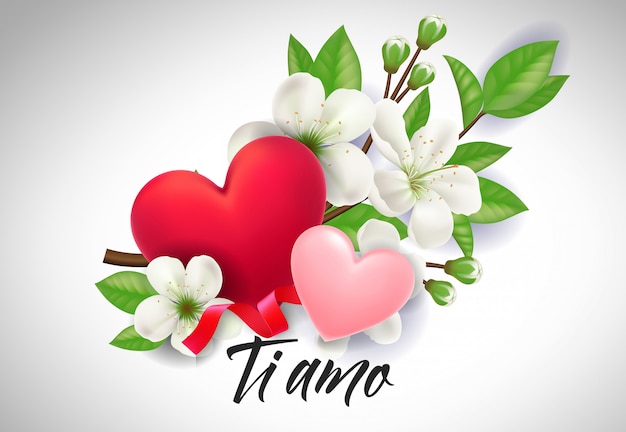 Premium Vector  Ti amo lettering with hearts and blossoms