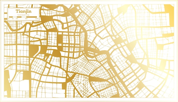 Tianjin China City Map in Retro Style in Golden Color Outline Map