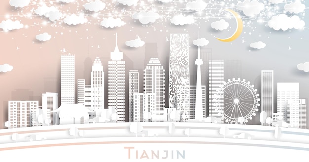 Tianjin China City Skyline in Paper Cut Style with White Buildings Moon and Neon Garland