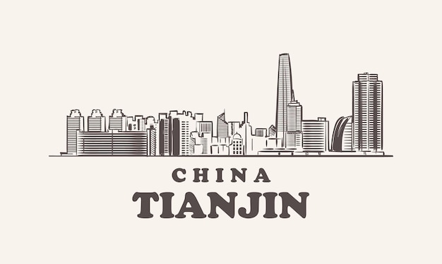 Vector tianjin cityscape sketch hand drawn china   illustration