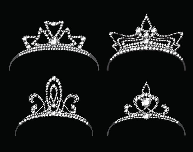 Tiara's met diamant vector set. koningin royal of prinses kroon met sieraden