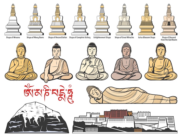 Vector tibet buddhism stupas buddha poses