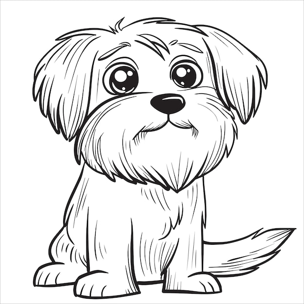 Tibetan Terrier Dog is a sitting vector illustration in black and white