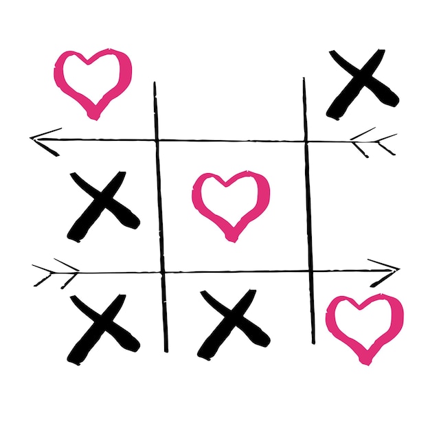 Tic tac toe doodle gioco con segno croce e cerchio, segno di cuore rosa carino isolato su bianco