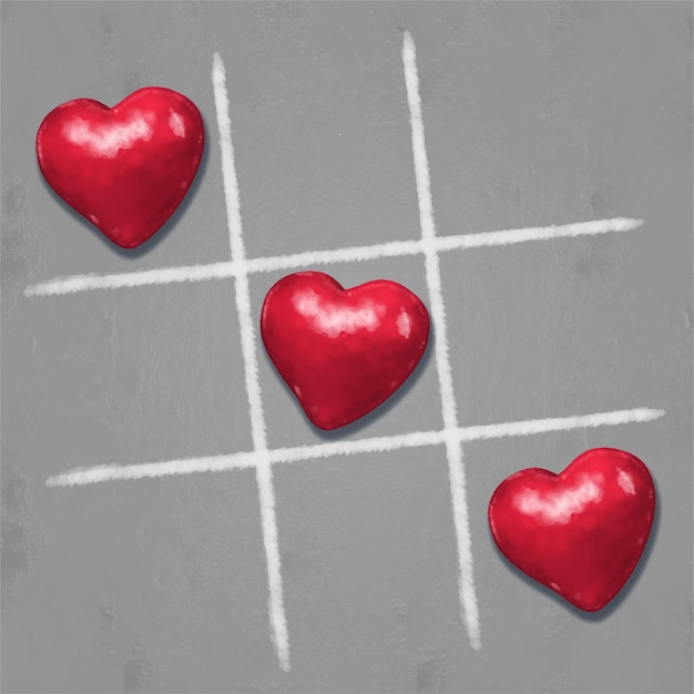 Vettore tic tac toe gioco con croce e segno di tre cuori rossi segno love card