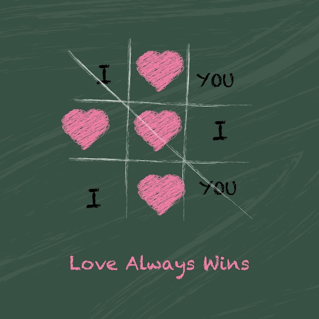 Tic tac toe love i love you with hearts on greenboard