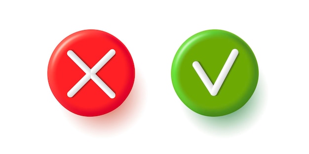 Tick and cross 3d icons approve and decline signs red and green colors isolated