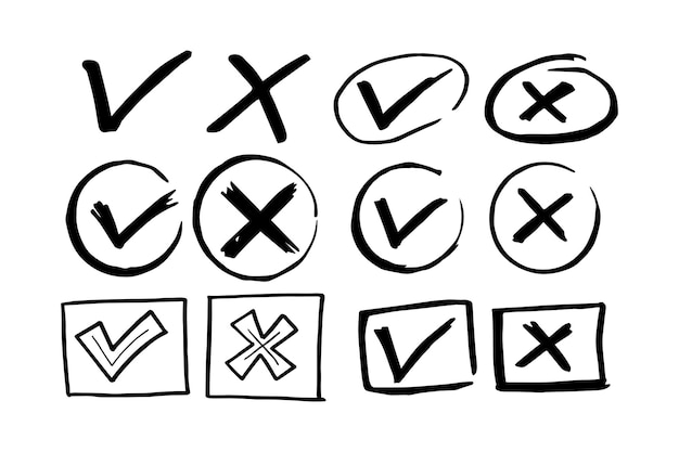 Hand-drawn Real YES And NO Signs, OK And X Symbol Icons, Tick And Cross,  Check Mark Approval, Cross Sign Reject, Calligraphic. Blue Realistic Sign  Made By Pen In Black Square Box Border