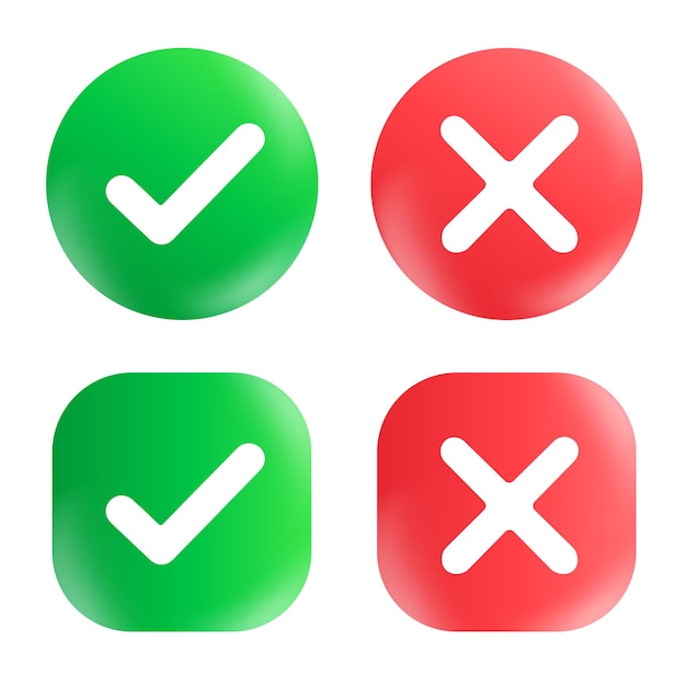 Tick and cross signs Green checkmark OK and red X icons Symbols YES and NO button for vote