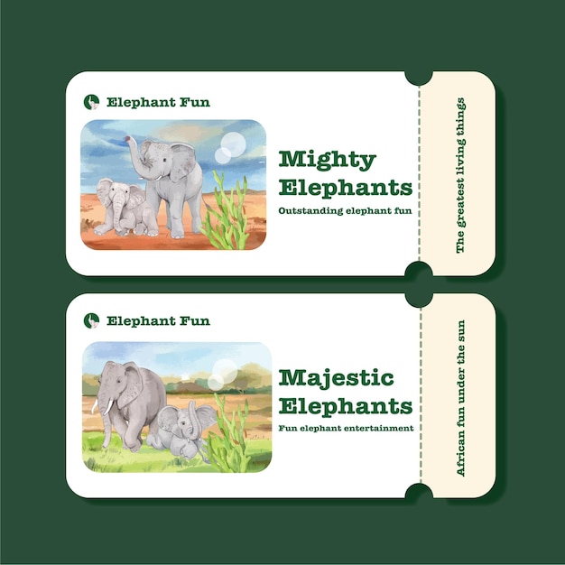 Ticket template with elephant funning concept,watercolor style