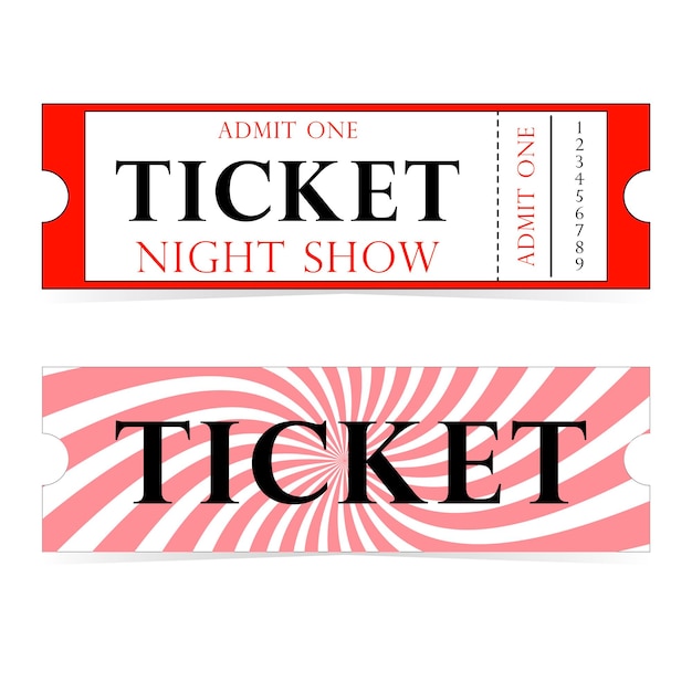 Ticket template with red and white swirling stripes and lettering