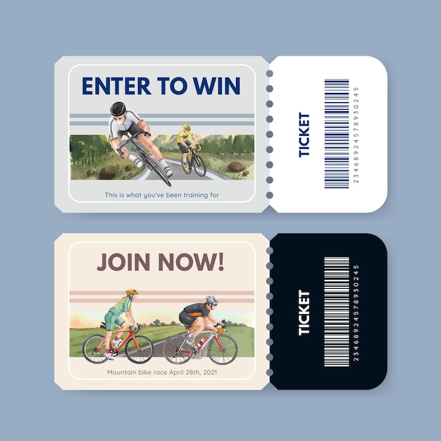 Vector ticket template with world bicycle day concept,watercolor style