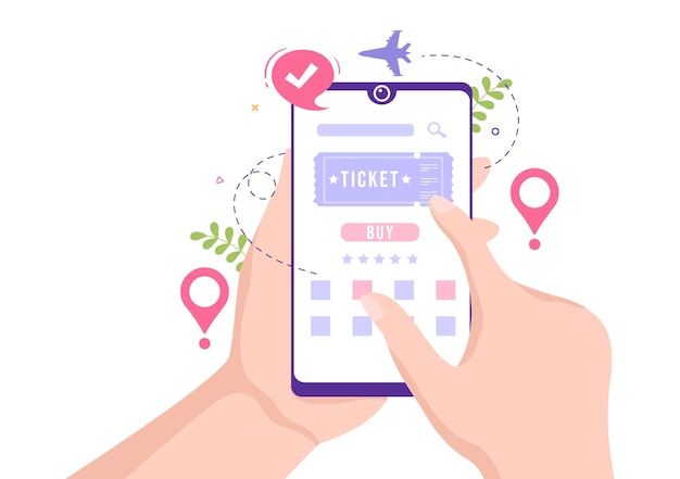 Ticket travel online booking service app on smartphone template hand drawn cartoon flat illustration