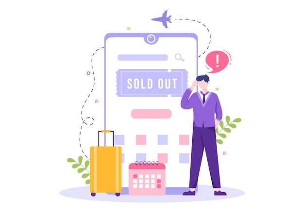 Vector ticket travel online booking service app on smartphone template hand drawn cartoon flat illustration