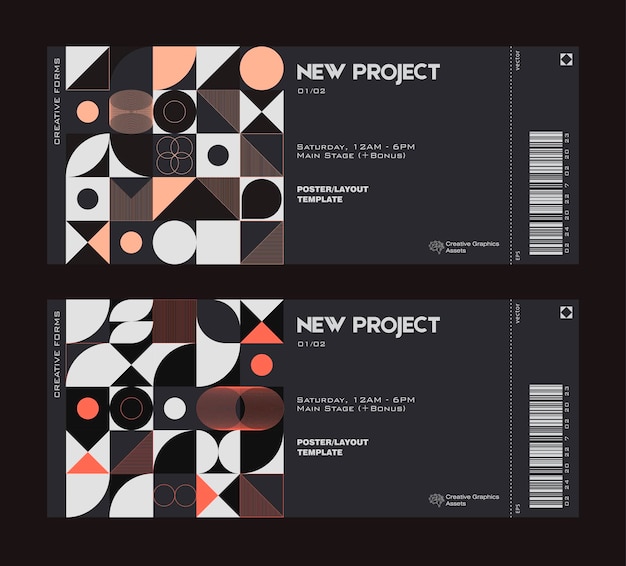 Ticket vector template layout with abstract  vector geometric shapes.Bauhaus background design.