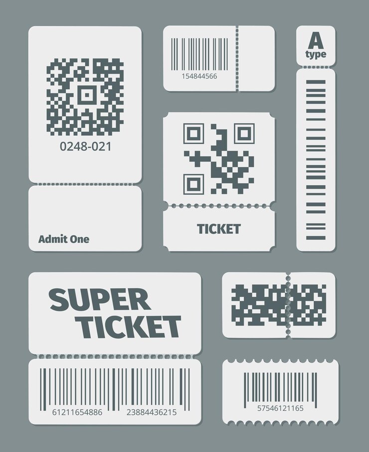 Vector tickets with barcode qr code set. documents standard barcode and latest qr identification laser scanning symbol sticker for retail goods, modern data tracking.