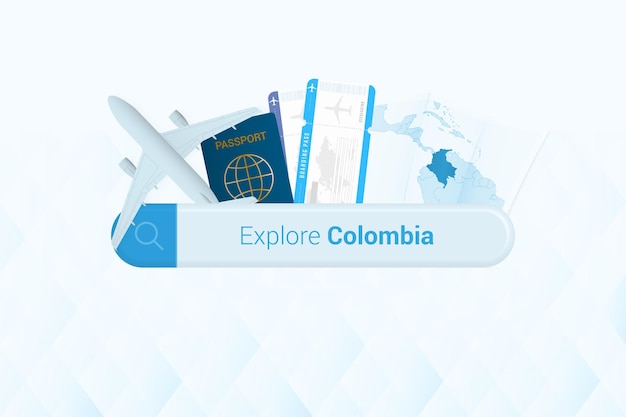 Tickets zoeken naar Colombia of reisbestemming in Colombia Zoekbalk met vliegtuigpaspoort, instapkaarttickets en kaart