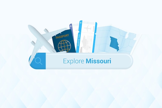 Tickets zoeken naar Missouri of reisbestemming in Missouri Zoekbalk met vliegtuigpaspoort, instapkaarttickets en kaart