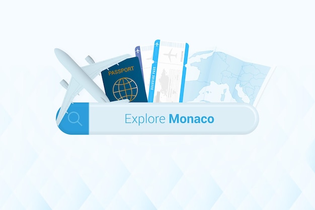 Tickets zoeken naar Monaco of reisbestemming in Monaco Zoekbalk met vliegtuigpaspoort, instapkaarttickets en kaart