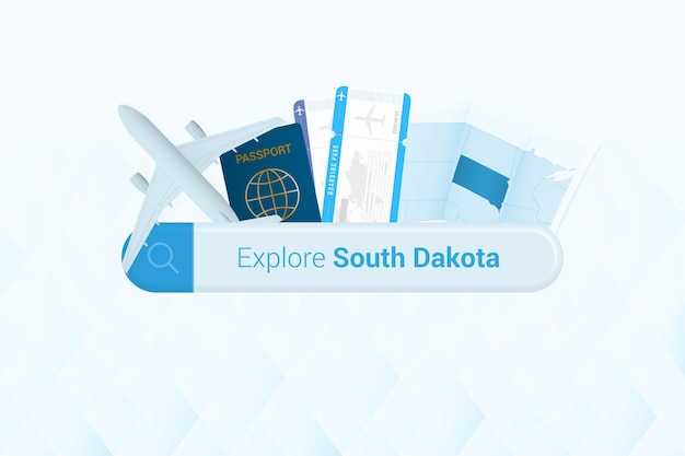 Tickets zoeken naar South Dakota of reisbestemming in South Dakota Zoekbalk met vliegtuigpaspoort, instapkaarttickets en kaart
