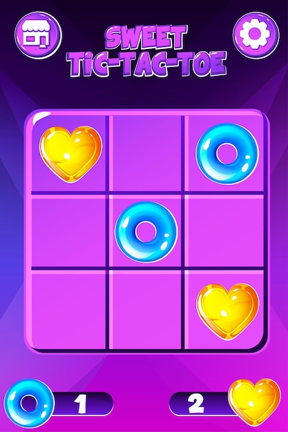 TicTacToe in Purple Sweet stijl UI spel met cursor pijl Vector cartoon strategie spel nullen en kruisen Board logica spel voor uw mobiele game ontwikkeling UI