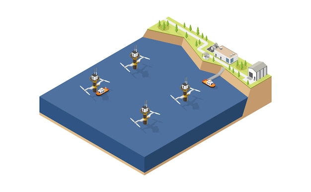 Приливная энергия приливной электростанции в изометрическом стиле